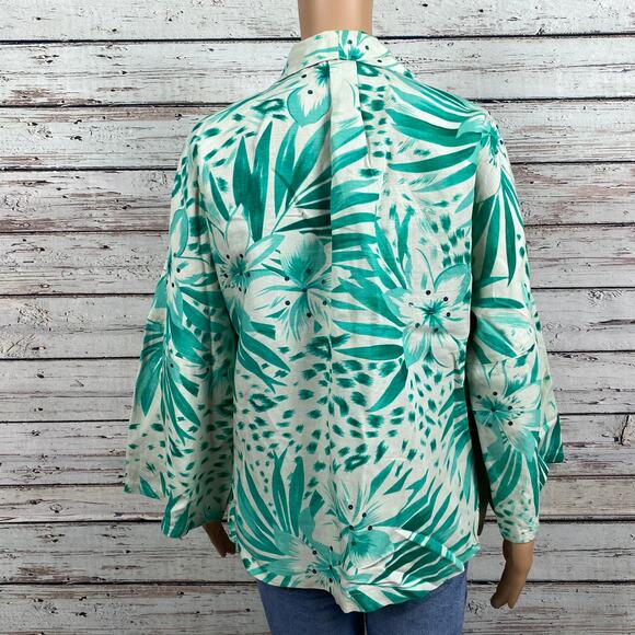 Della Reese Green Floral Botanical Open Front Jacket Blazer Small Sequin Linen - Picture 3 of 8